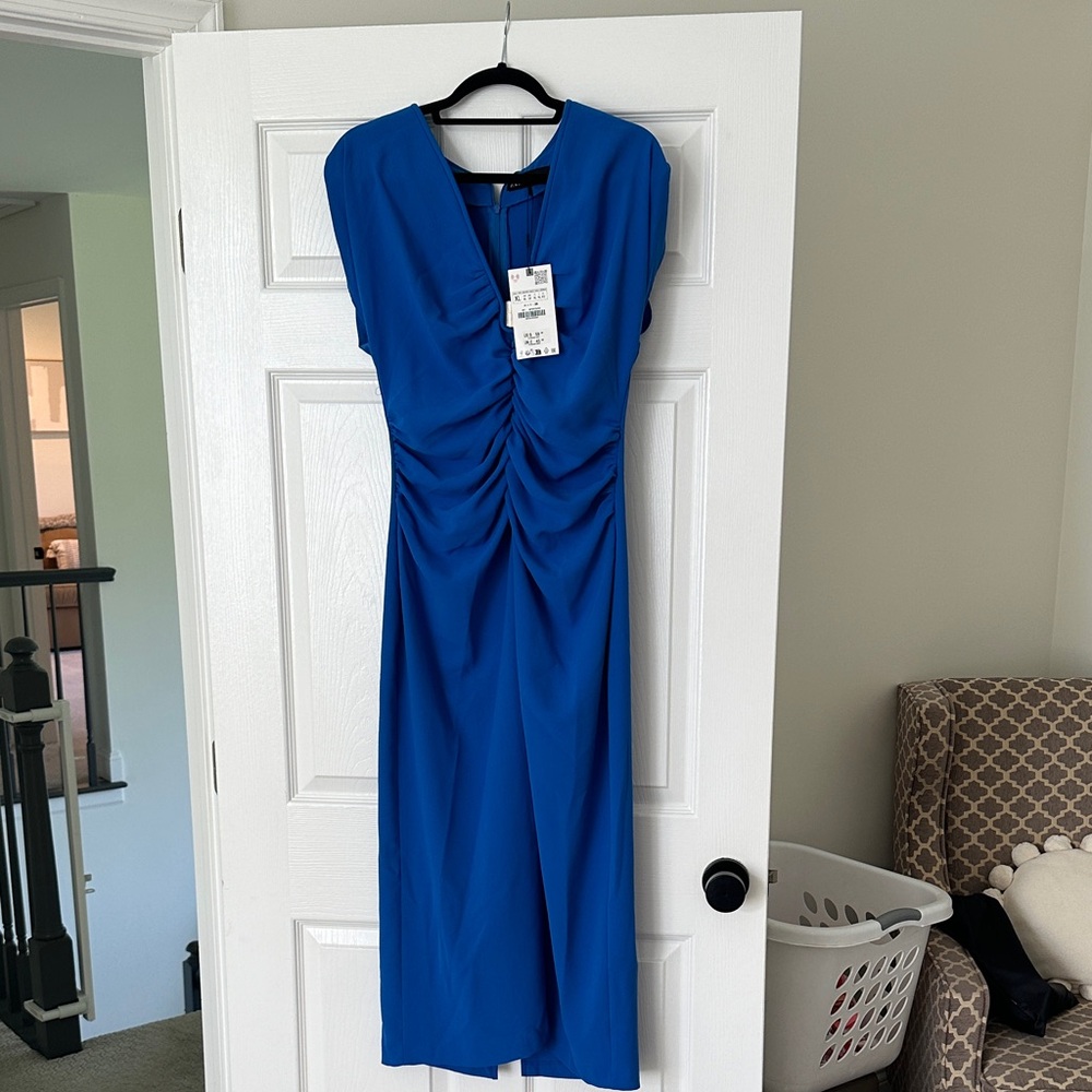 Zara Cobalt Blue Ruched Midi Dress
